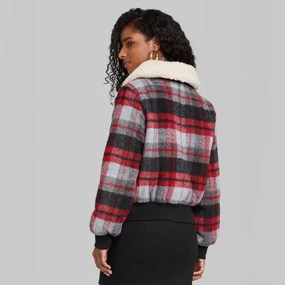 Wild Fable Red Plaid Bomber Jacket w/ Removable Fleece Collar - Picture 3 of 9
